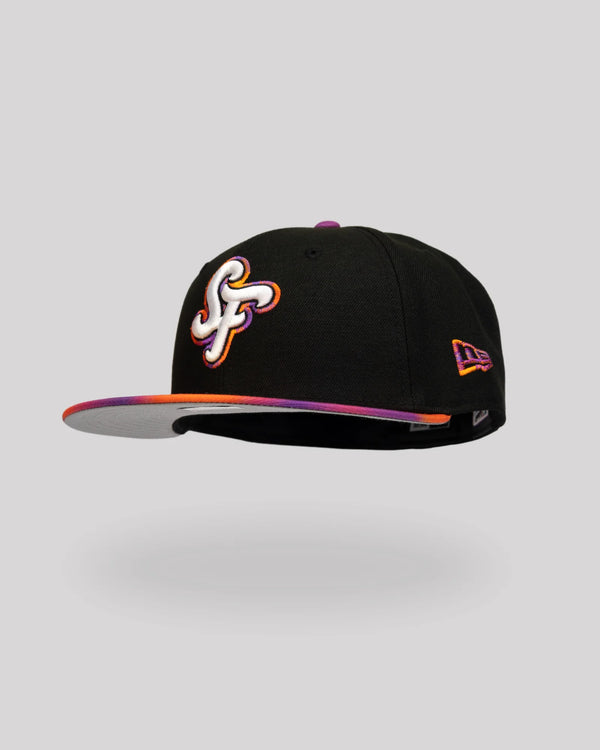 Gorra New Era 59FIFTY San Francisco Giants City Connect 2025 negra con degradado naranja y morado