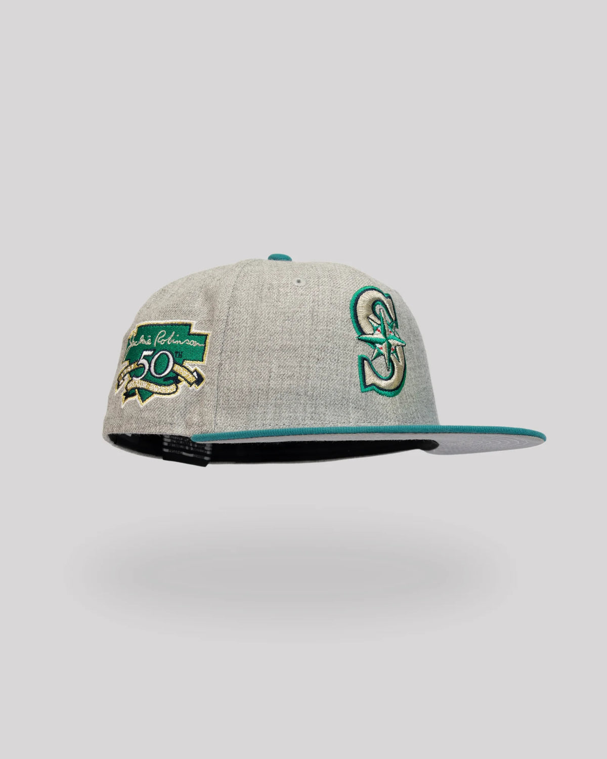 Gorra New Era 59FIFTY Seattle Mariners gris jaspeado con parche Jackie Robinson 50th