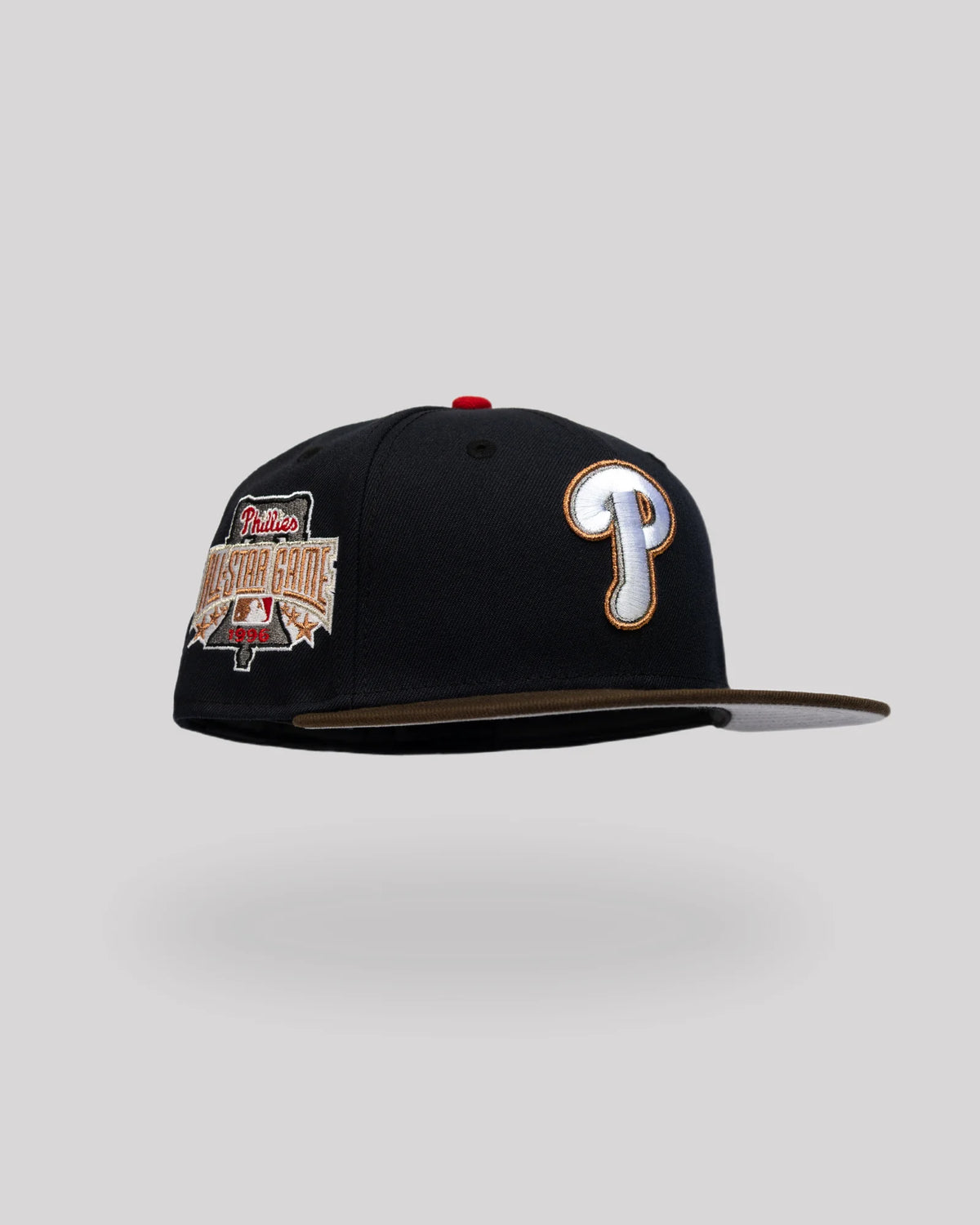 Gorra New Era 59FIFTY Philadelphia Phillies negra con visera café y parche All-Star Game 1996